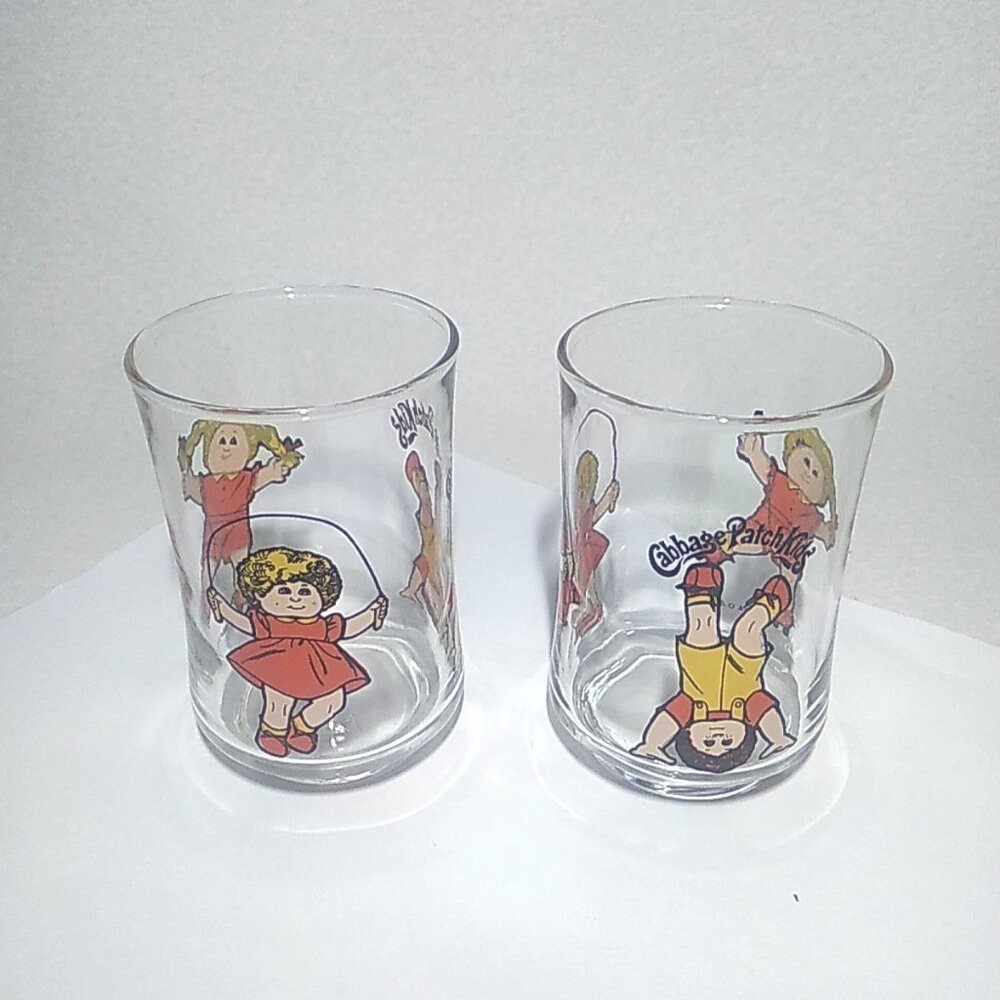 Vintage Cabbage Patch Kids Juice Glasses Cups Roller Skate Jump Rope Mid 1980s